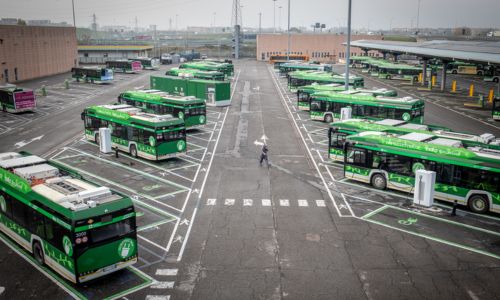 The coach depot in San Donato Milanese with the electric chargers